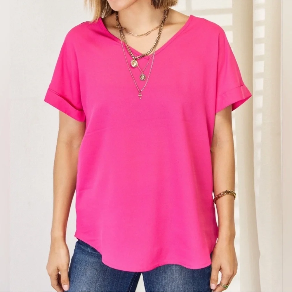 Zenana NWOT Pink Rolled Cuff V Neck Tee Shirt size 2X - Picture 1 of 10